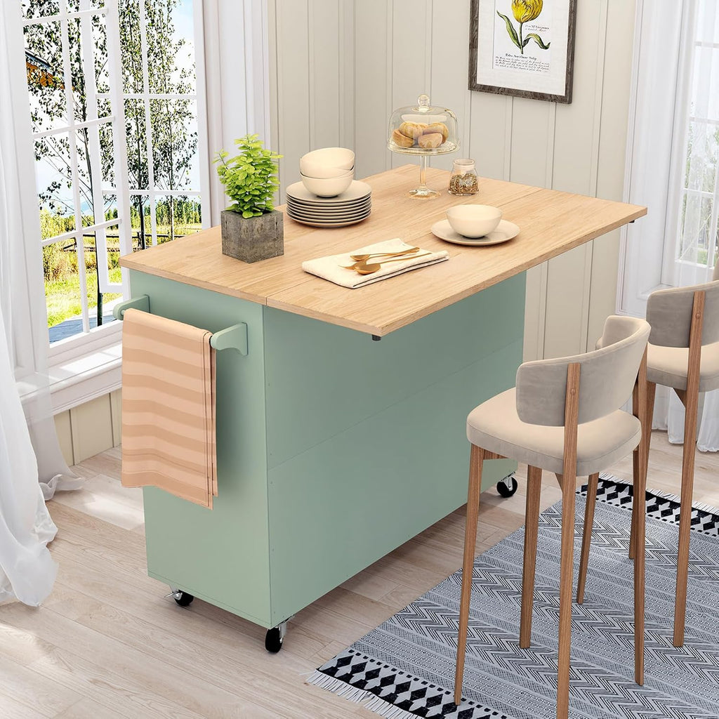 HLR Kitchen Island with Storage, Sage Green Rolling Kitchen Cart on Wheels with Drop-Leaf Bar Countertop, Islands Prep Table with Side Open Spice Rack and Tower Rack, Extra Storage for Kitchen