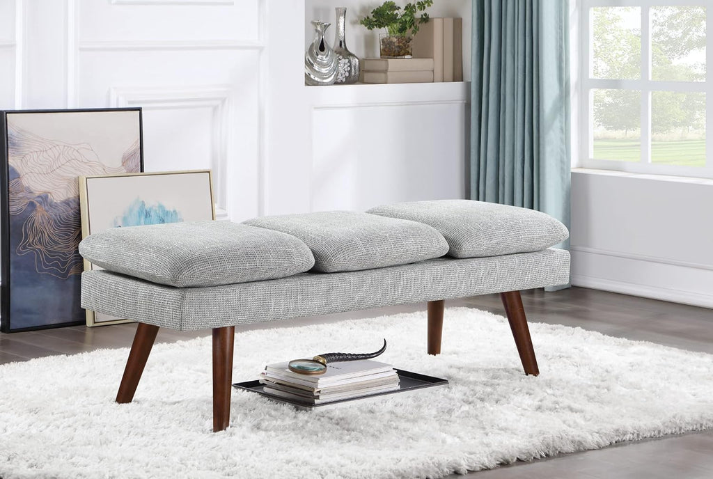 OSP Home Furnishings Amanda Mid-Century Modern Upholstered Bench with Solid Wood Tapered Legs, 54-inches, Grey Fabric