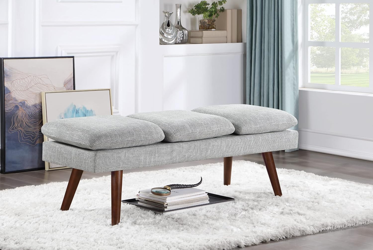 OSP Home Furnishings Amanda Mid-Century Modern Upholstered Bench with Solid Wood Tapered Legs, 54-inches, Grey Fabric