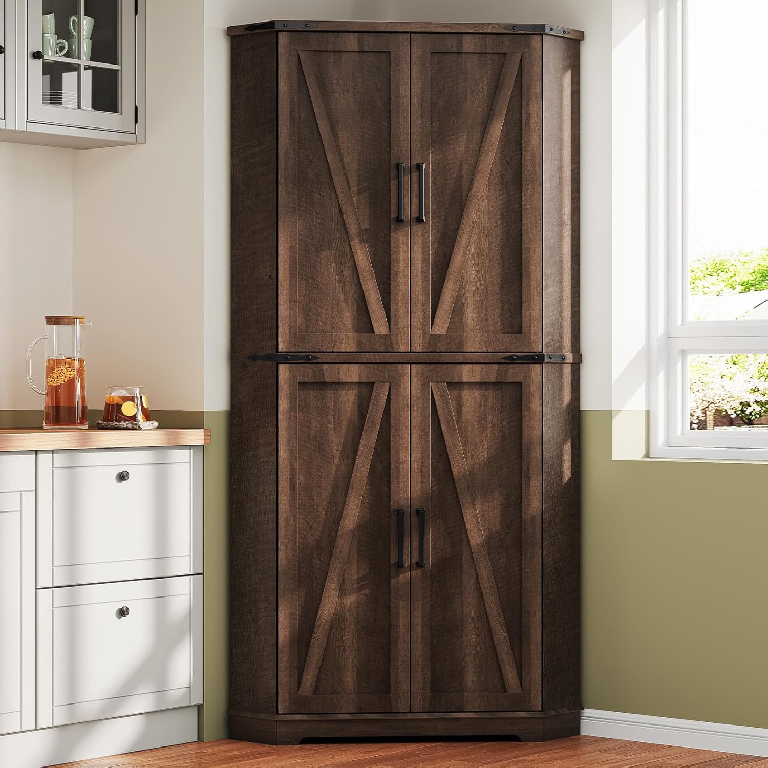 Dripex 71" Brown Farmhouse Corner Pantry Cabinet with LED Light, Tall Storage Cabinet with Doors & Adjustable Shelves, Food Pantry for Kitchen, Living Room, Dining Room