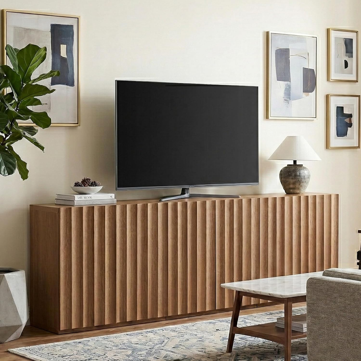 VividVibe Wide Fluted Sideboard Buffet Cabinet with Storage, 94.11" Long Credenza with 6 Integrated Finger Pulls Doors, Modular Large Buffet Table Modern Organic for Entryway Living Room Amber Oak