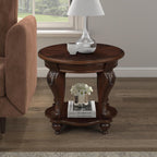 22'' Retro Round End Table,Solid Wood Sofa Side Table with Shelf,Living Room Corner Table Easy Assemble,Cherry