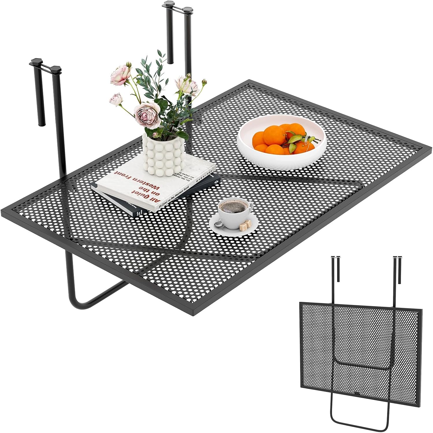 Tangkula Balcony Railing Table, Outdoor Folding Hanging Table with Metal Frame, Space-Saving Bar Serving Table Fits Railings Up to 2.4” Thick for Patio, Porch, Deck