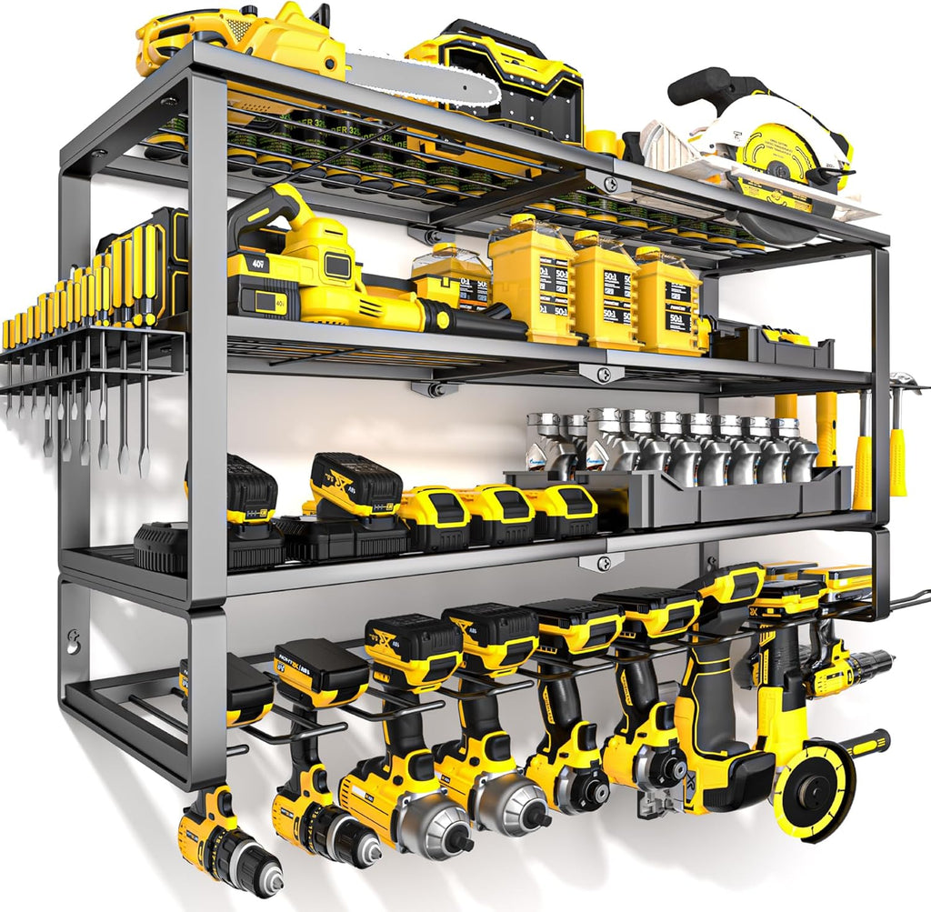 YYR Large Power Tool Organizer Wall Mount, Heavy Duty Metal Cordless Drill Storage Rack with Battery Charging Station Shelf, Utility Racks for Garage Organization, 4 Layer 10 Drills Holder Extra Tall