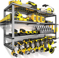 YYR Large Power Tool Organizer Wall Mount, Heavy Duty Metal Cordless Drill Storage Rack with Battery Charging Station Shelf, Utility Racks for Garage Organization, 4 Layer 10 Drills Holder Extra Tall