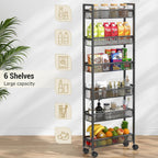 ThreeHio 6 Tier Slim Storage Cart, Narrow Cart with Wheels, Metal Mobile Shelving Unit Organizer for Kitchen, Bathroom, Laundry Room, Living Room & Narrow Spaces, Black, 6in(W)