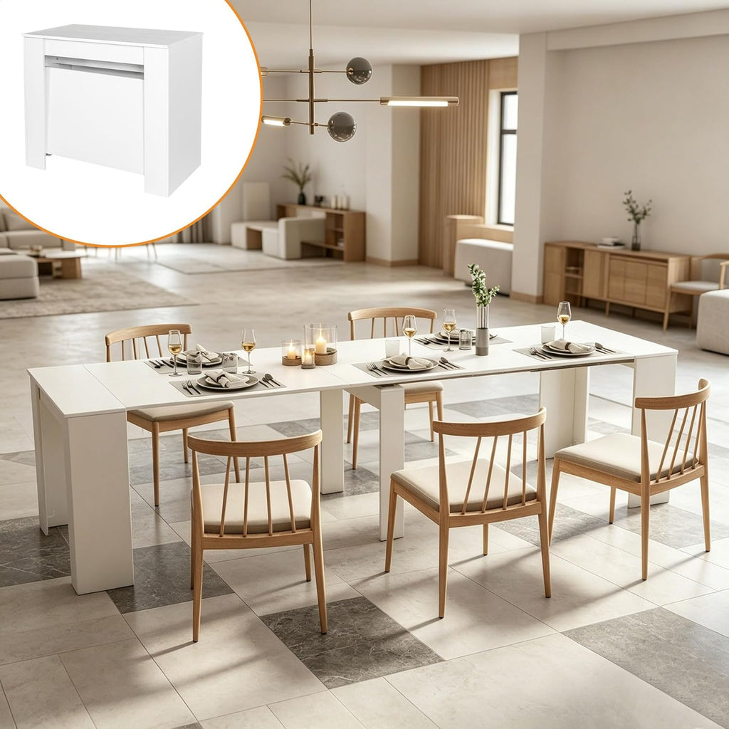 Expandable Dining Room Table, Extendable Table for 10-12 People, Folding Console Table, Space Saving Kitchen Table for Apartment, Pure White