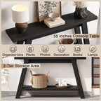 Black Console Table, 55Inch Entryway Console Tables 2-Tier Narrow Wood Console Table Behind Couch Sofa Tables for Living Room, Entryway, Hallway (Black)