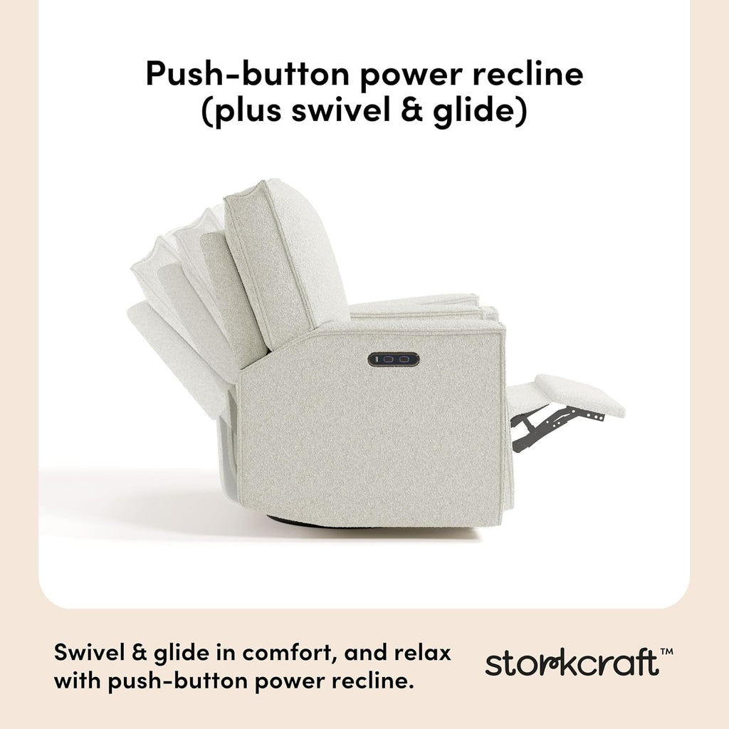 Storkcraft Texas Nursery Power Recliner Swivel Glider – Oeko-TEX 100 Certified, Nursery Rocking Chair with Push-Button Electronic Recline Function, USB-A and USB-C Charging Ports (Ivory Boucle)