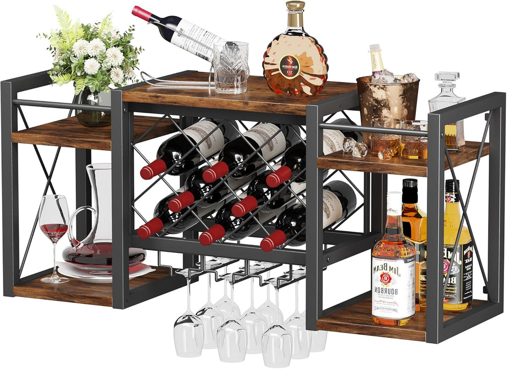 Wall Mounted Wine Rack with Glass Holder, Wood-Metal Retro Bar Shelf, Wine Bottles Display Wall Storage for Kitchen Dining Room Home Bar