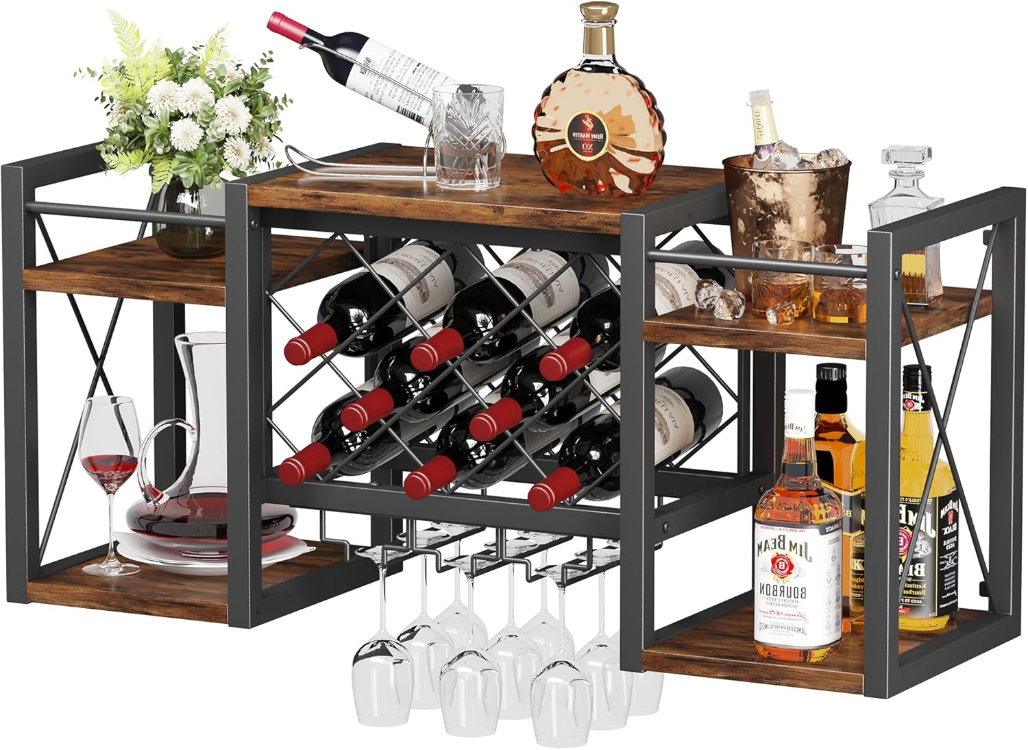 Wall Mounted Wine Rack with Glass Holder, Wood-Metal Retro Bar Shelf, Wine Bottles Display Wall Storage for Kitchen Dining Room Home Bar
