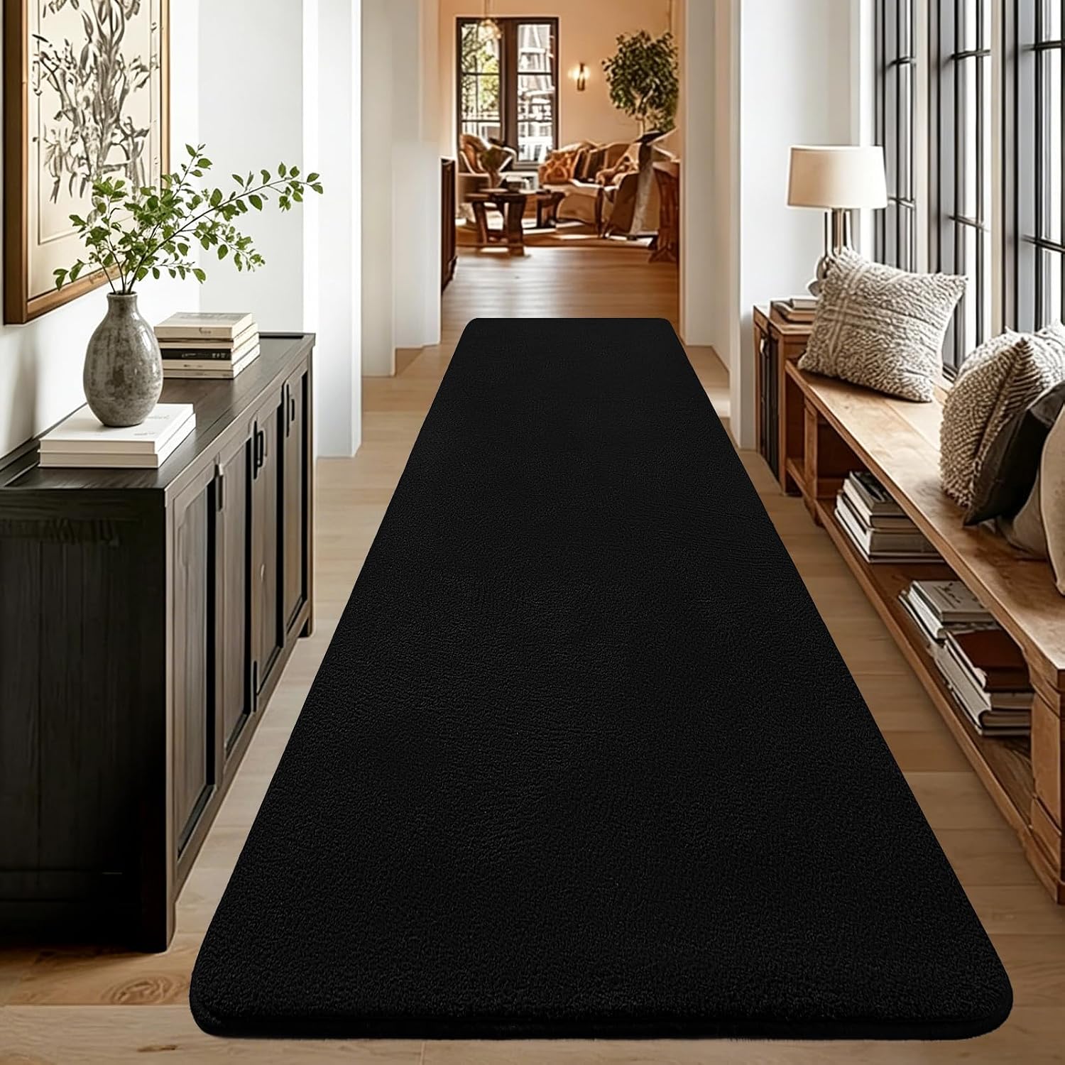 qulint Hallway Runner Rug 2x8, Black Kitchen Runner Rugs Non Skid Washable Thickened Memory-Foam Indoor Bedroom Rug, Modern Minimalist Solid Soft Carpet for Living Room Entryway Home Decor
