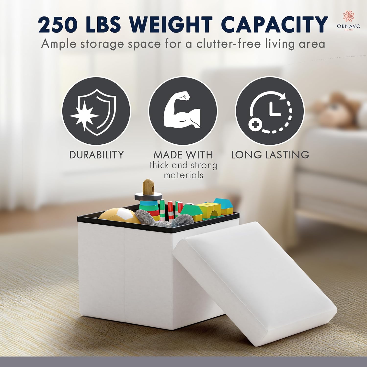 Ornavo Home Small Square Storage Ottoman, Foldable Linen, 12x12x12, White | Collapsible Cube Design; Foot Rest Stool Seat; Ideal for Living Room, Bedroom, Home Office or Dorm