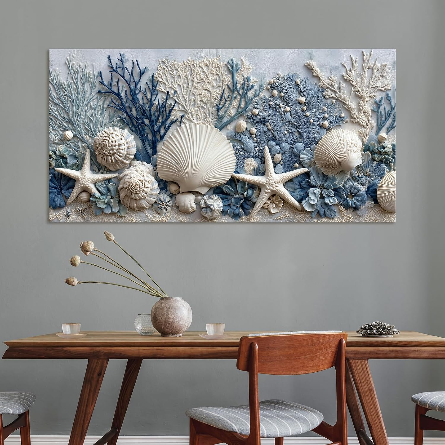llribbons Coastal Seashell Canvas Wall Art Living Room Bathroom Decor Starfish Coral Seascape Painting Modern Ocean Artwork Prints for Bedroom Beach House Home Decoration Ready to Hang 12" x 24"