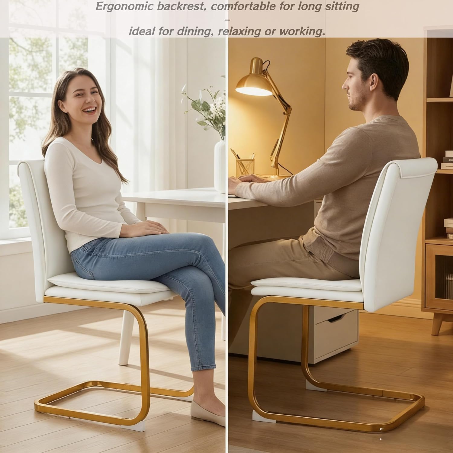 Meihua Dining Chairs Set of 4, PU Leather Modern Chairs with High Back and Metal Frame, Ergonomic Dining Room Chairs for Home, Office and Restaurant, White and Gold