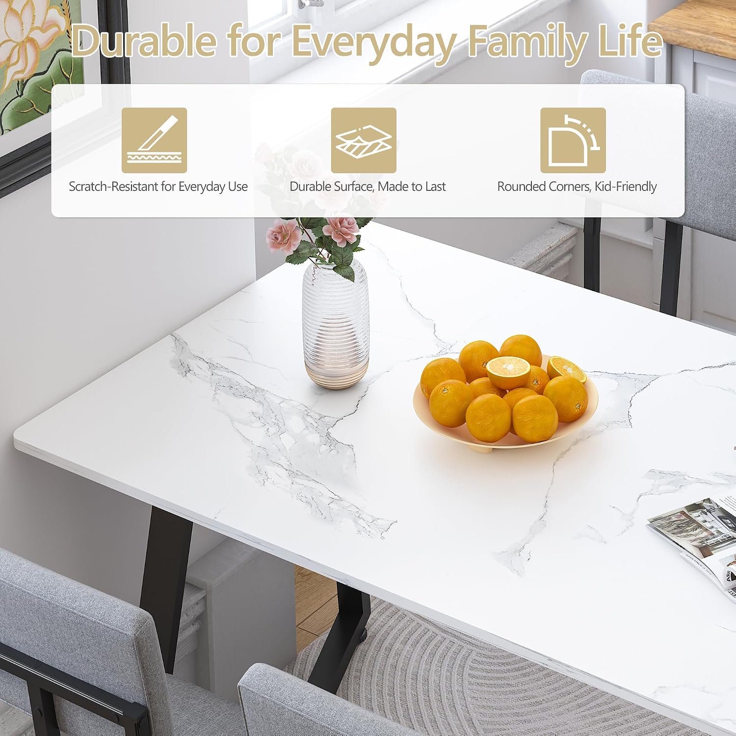 5-Piece Dining Table Set for 4, Faux Marble 47.24" Kitchen Table with 4 Linen Upholstered Chairs, Sturdy & Easy-to-Clean Small Dining Table Set for Apartments & Small Spaces