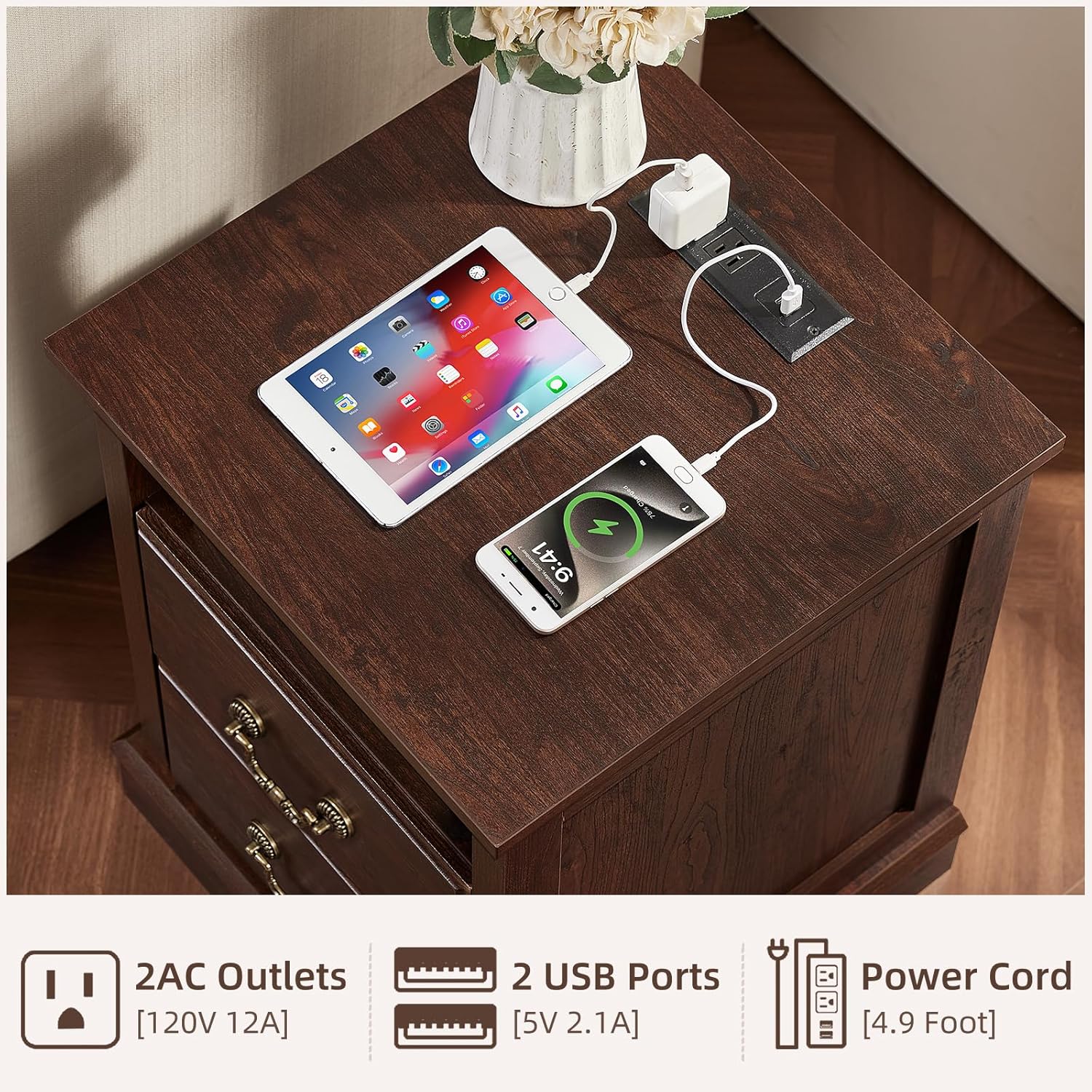 Farmhouse Night Stand with Charging Station, Walnut | 2 Drawers End Tables Bedroom, Bedside Table with Rustic Handles & Floor-Standing Thickened Foot & Open Shelf