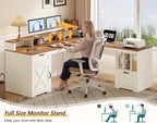 YOMILUVE Farmhouse 63" L Shaped Desk with Drawers and Storage Shelf, Home Office Desk with Power Outlets, Storage Cabinet, Corner Computer Desk with Long Monitor Stand, Brown and White