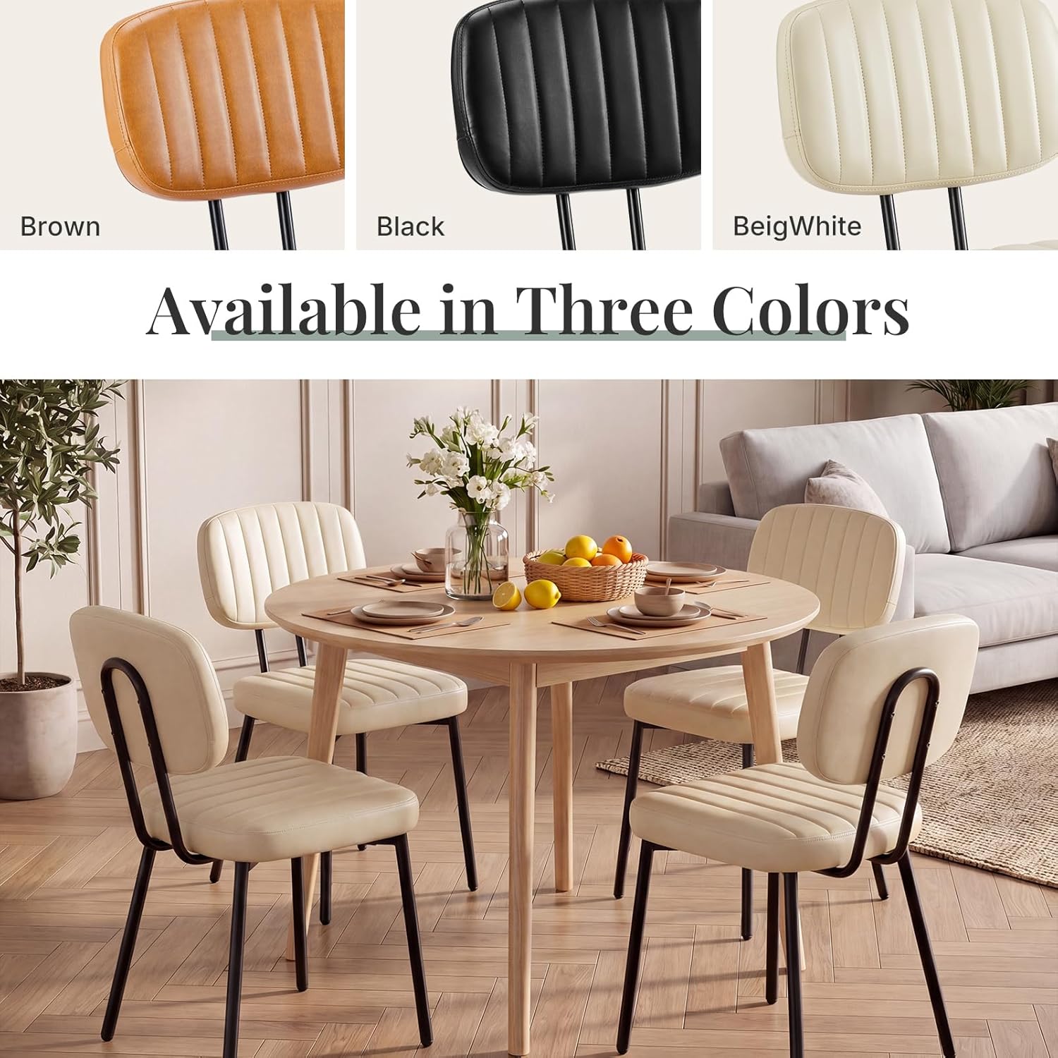 Dining Chairs Set of 4, Modern PU Leather Upholstered Kitchen Chairs with Metal Legs, Mid Century Shell Backrest Side for Dining Room Living Room, Beige White