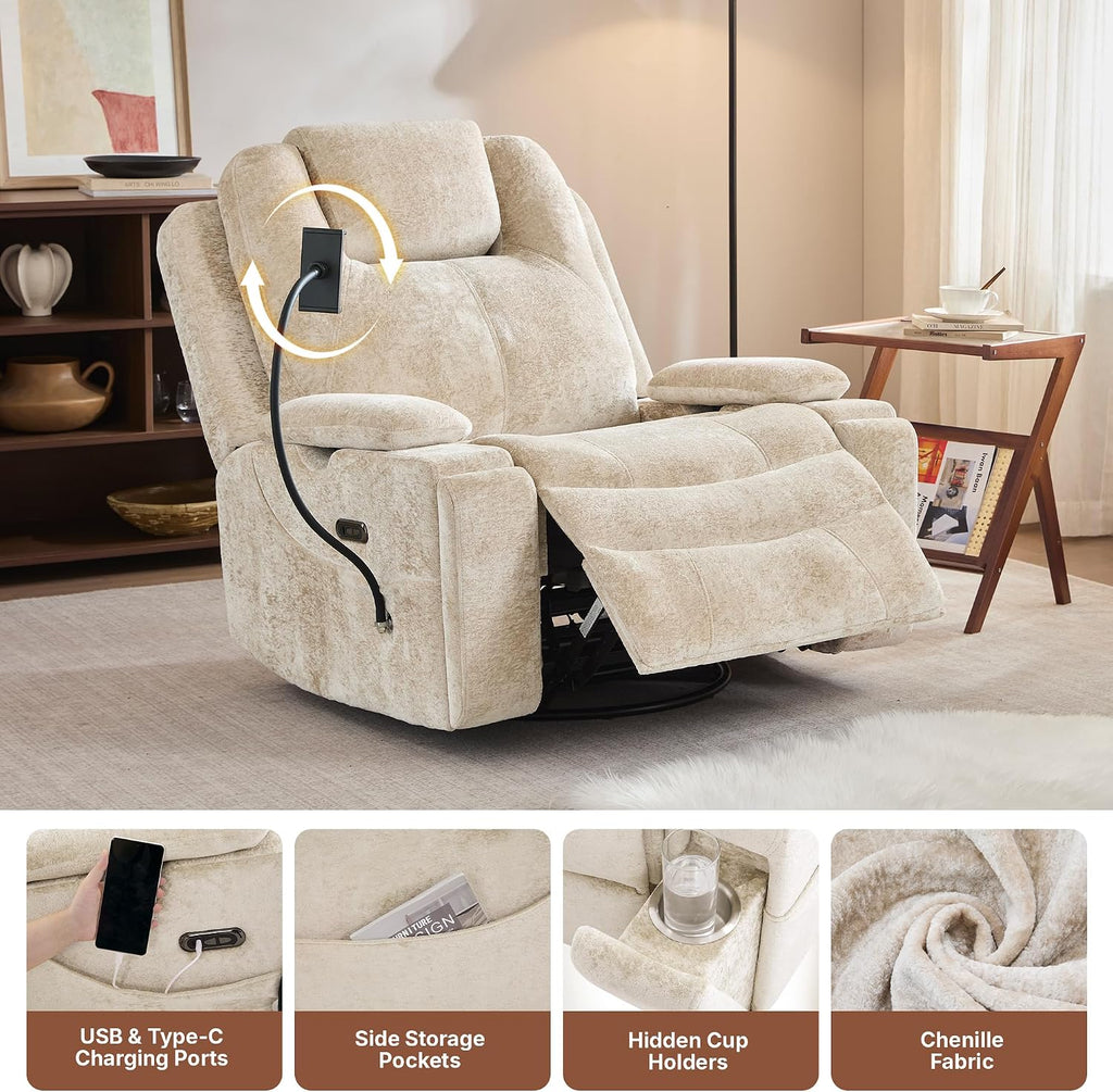 360° Swivel Rocker Recliner Chair for Adults, Rocking Chair Nursery with Massage and Heat, Chenille Fabric Recliner with Cup Holders & Side Pocket for Living Room