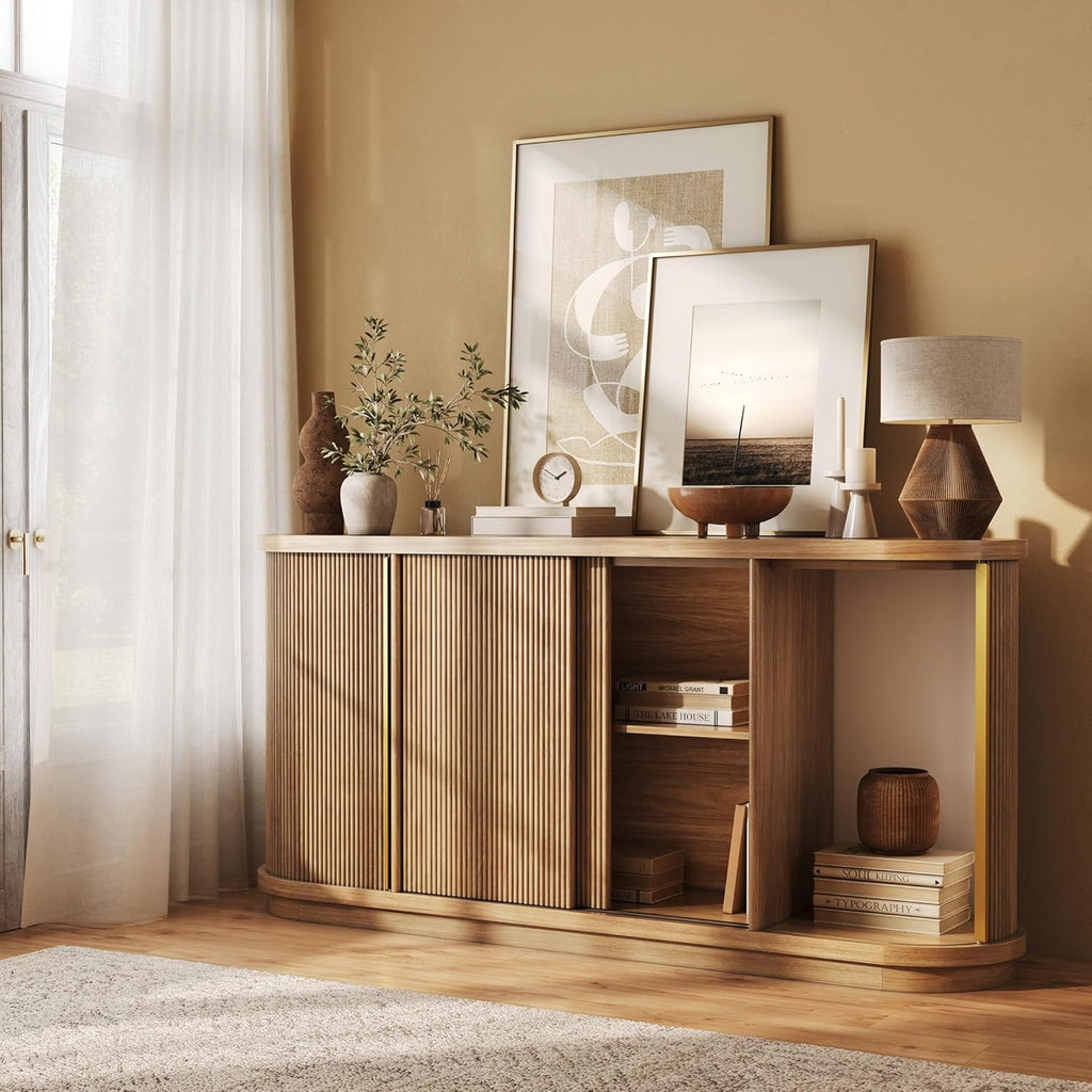 BELLEZE Turin 67" Modern Curved Sideboard with Sliding Tambour Doors - Fluted Wood Buffet Cabinet & Credenza - Oval Media Console with Gold Accents for Dining Room, Living Room, or Entryway (Camel)