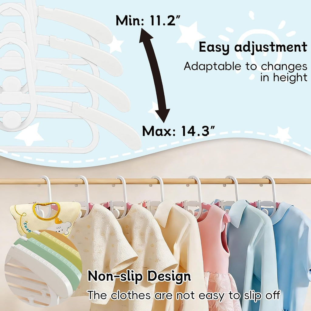 30 Pack Baby Hangers Adjustable for Infant to Children Kids Clothes Hangers - Thick Plastic Non-Slip Stackable Space Saving Nursery Toddler Pants Bar Closet Organizer White