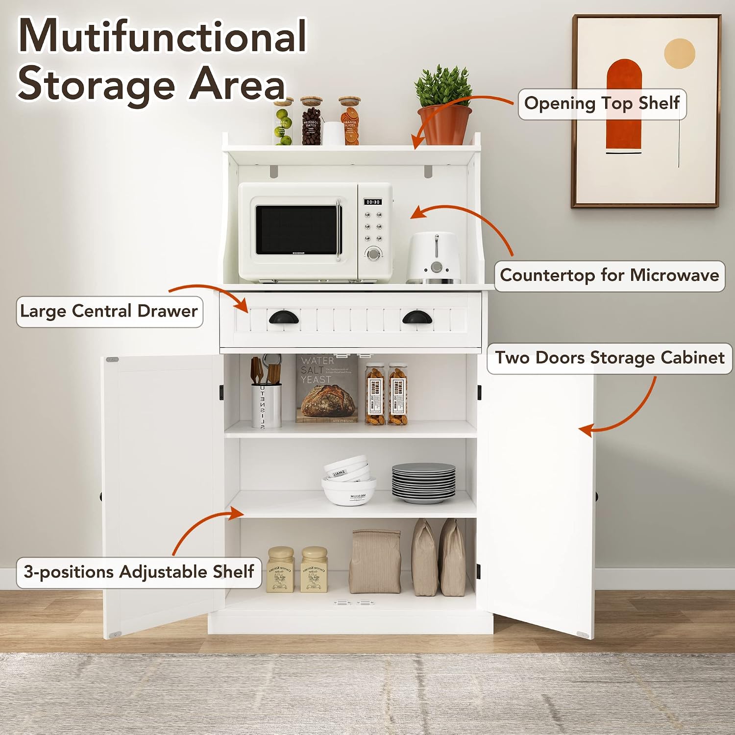HOLTICO 54" Freestanding Kitchen Pantry Storage Cabinet with Doors and Adjustable Shelves, Microwave Oven Stand with Drawer for Kitchen, Bathroom or Hallway, White