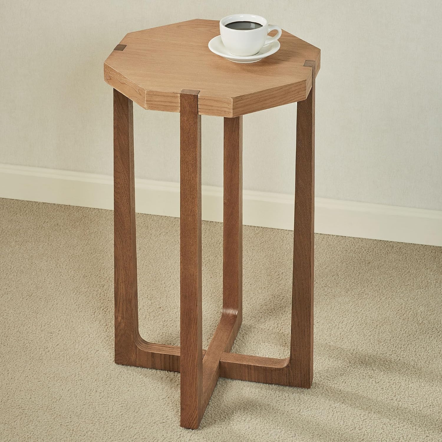 Huxley Octagonal End Table with Weathered Oak Top and Dark Walnut Crossing Legs | 16 inch Diameter x 26 inch high | Wooden Side Table for Living Room, Bedroom, or Office | Modern | Geometric