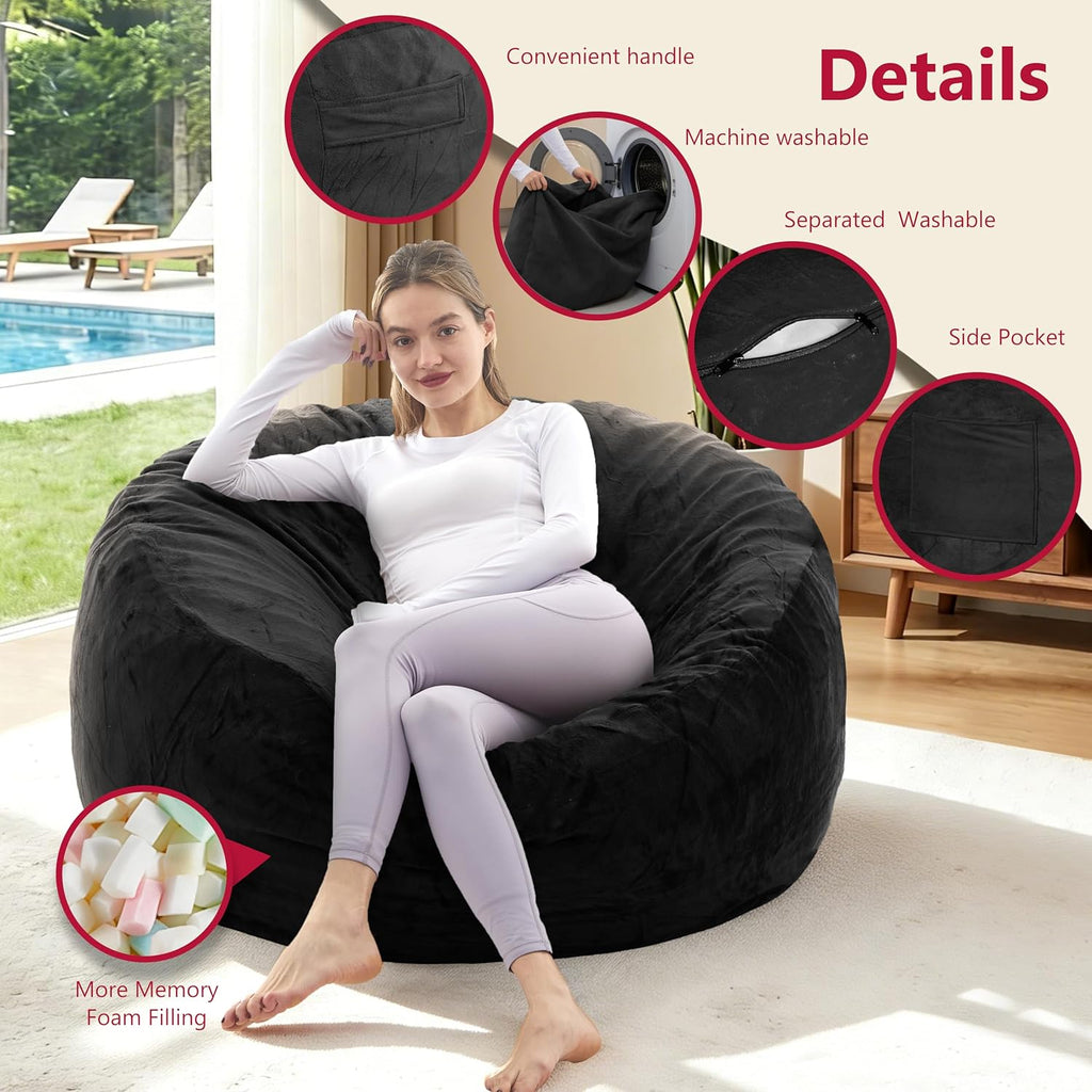 Giant Bean Bag Chair with Memory Foam Filling Beanbag for Adult 8 Colors, Machine Washable Removeable Flannel Cover, Soft Cozy for Bedroom, Living Room - 3 Feet Black