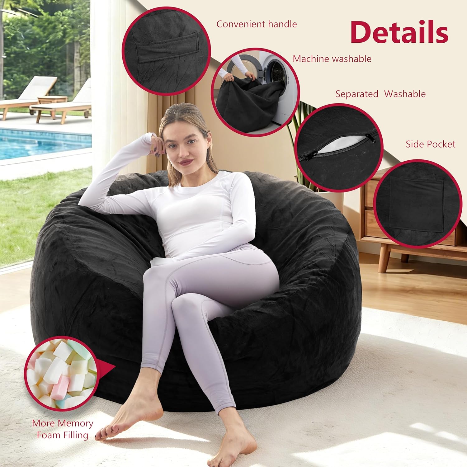 Giant Bean Bag Chair with Memory Foam Filling Beanbag for Adult 8 Colors, Machine Washable Removeable Flannel Cover, Soft Cozy for Bedroom, Living Room - 3 Feet Black