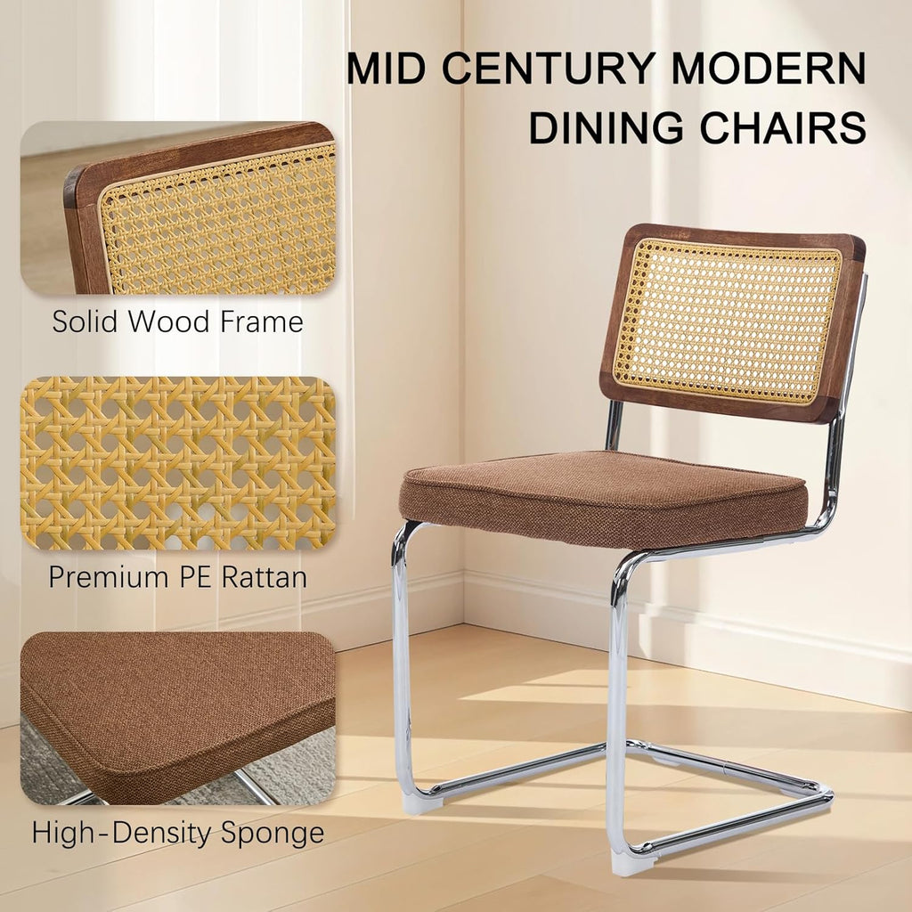 SoarFlash Linen Dining Chair Set of 2 Modern Upholstered Kitchen Chair with Walnut Rattan Cane Back, Stainless Chrome Base for Dining Room, Club(Coffee)