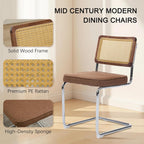 SoarFlash Linen Dining Chair Set of 2 Modern Upholstered Kitchen Chair with Walnut Rattan Cane Back, Stainless Chrome Base for Dining Room, Club(Coffee)