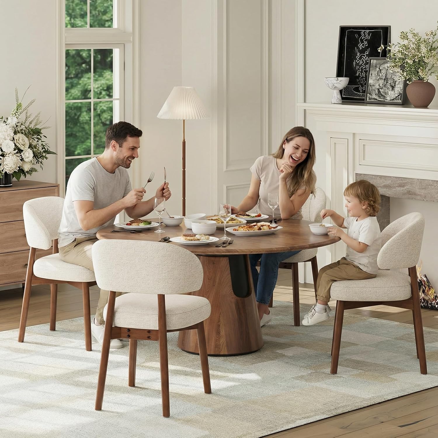MALOL Wooden Dining Chairs Set of 6, Modern Upholstered Dining Room Chair, Fabric Kitchen Side Chairs with Curved Open Back for Living Room/Restaurant/Cafe, Beige
