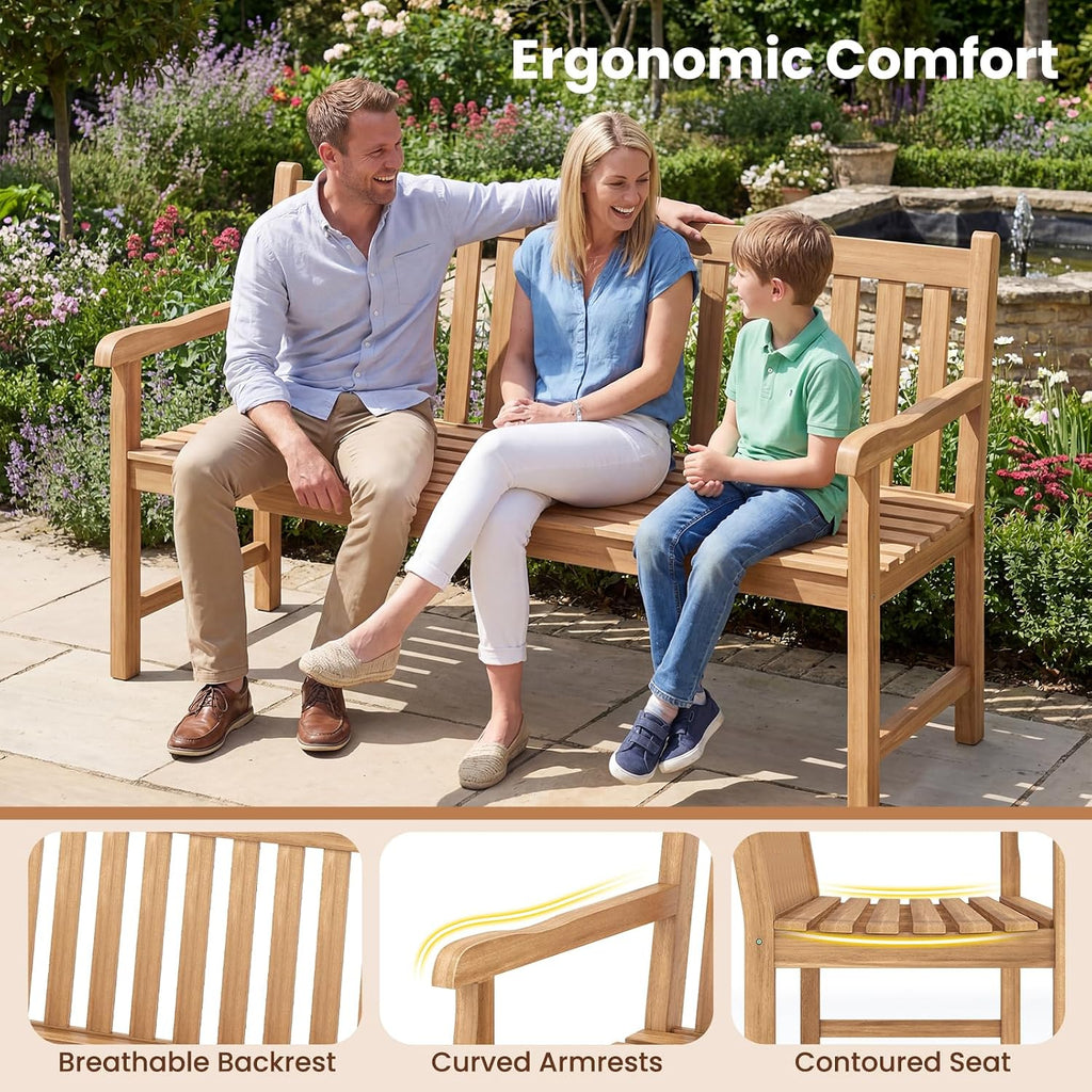 Tangkula 62" Teak Wood Outdoor Bench, 3-Seat Solid Wood Garden Patio Bench with Armrests and Backrest, Wooden Outside Porch Bench Seating Furniture for Backyard, Balcony and Park (62")