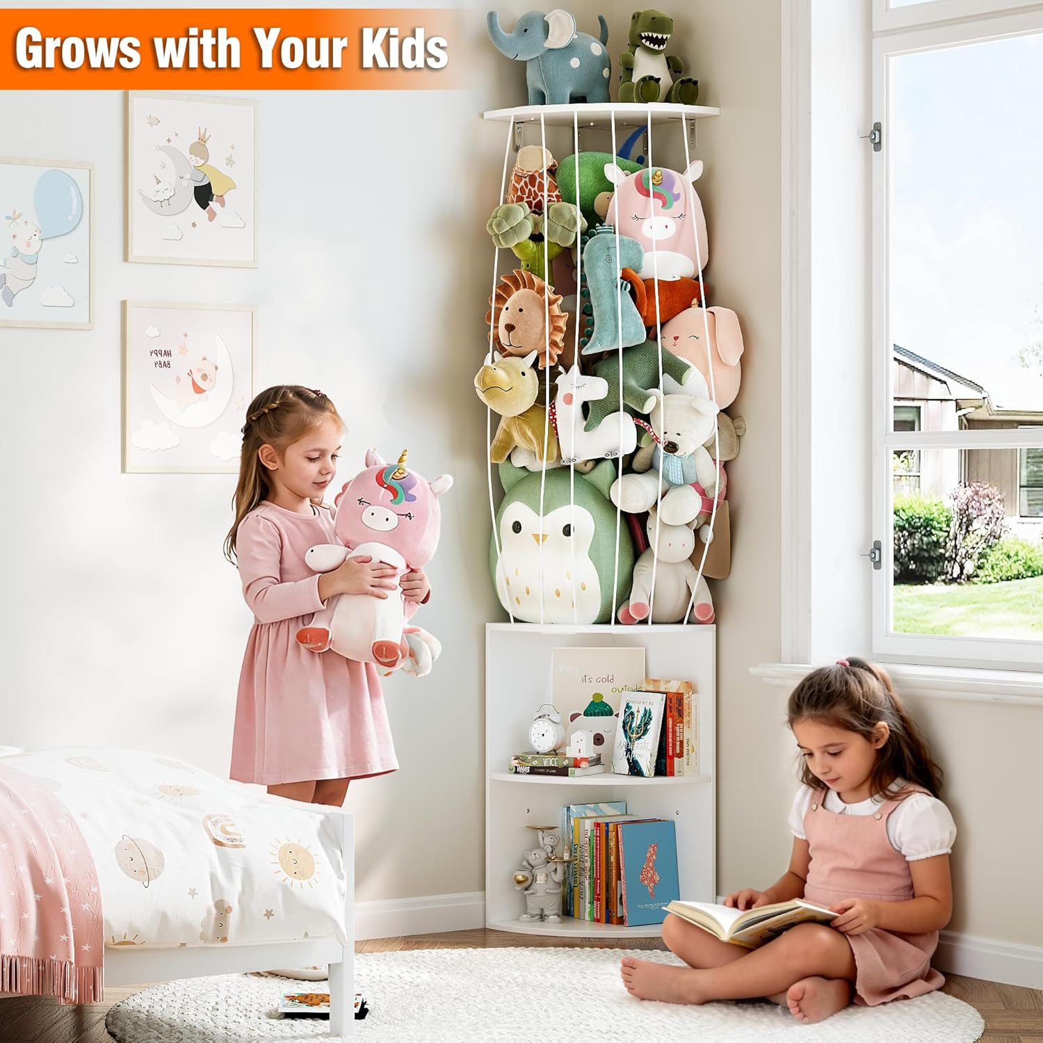 74.7" H Stuffed Animal Storage with 2-Tier Corner Bookshelf - Wall Mount Height Adjustable Plush Toy Organizer, Wooden Kids Bookshelf for Small Spaces Nursery Playroom Kids Room, White