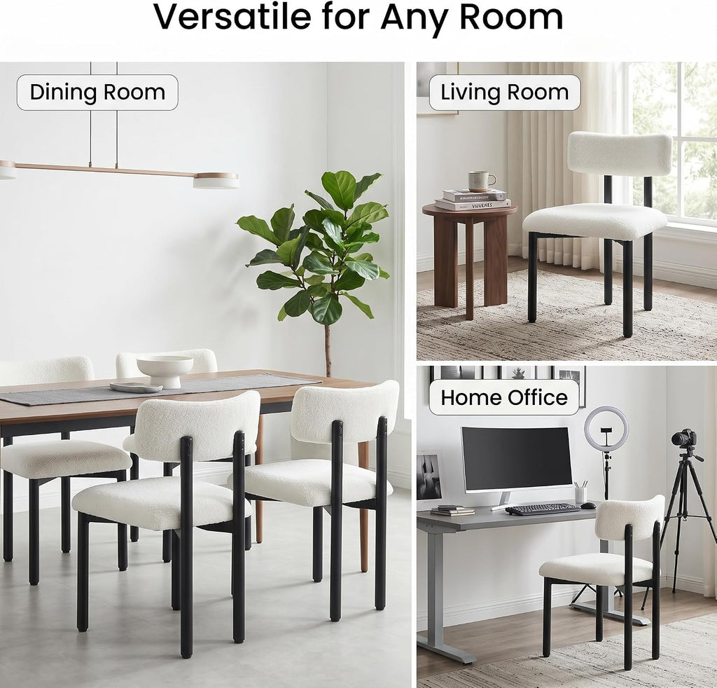 Boucle Dining Chairs Set of 4, Modern Upholstered Dining Room Chair with Curved Backrest, Sherpa Kitchen Chairs with Cushioned Seat and Black Metal Legs for Living Room Bedroom Vanity, Cream