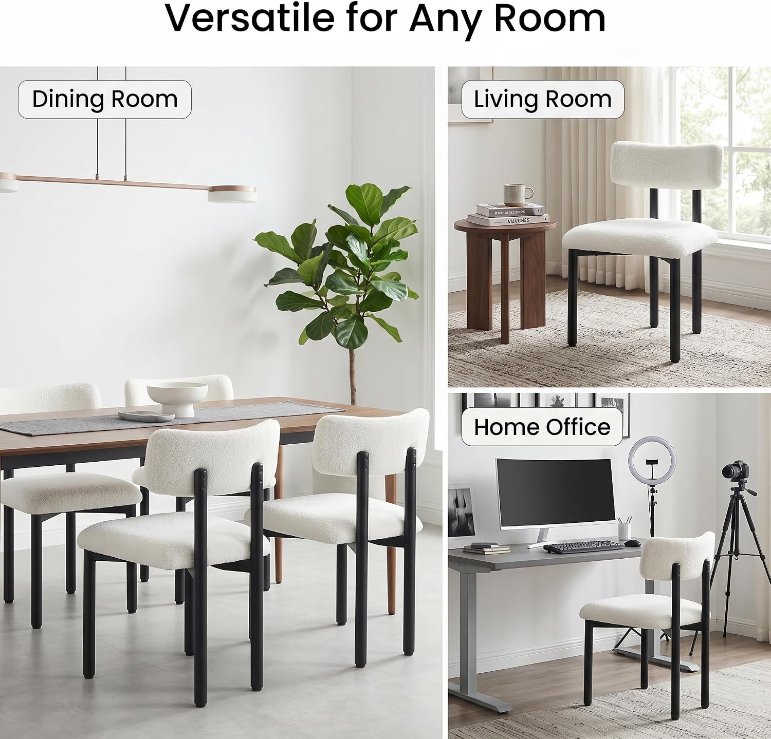 Boucle Dining Chairs Set of 4, Modern Upholstered Dining Room Chair with Curved Backrest, Sherpa Kitchen Chairs with Cushioned Seat and Black Metal Legs for Living Room Bedroom Vanity, Cream