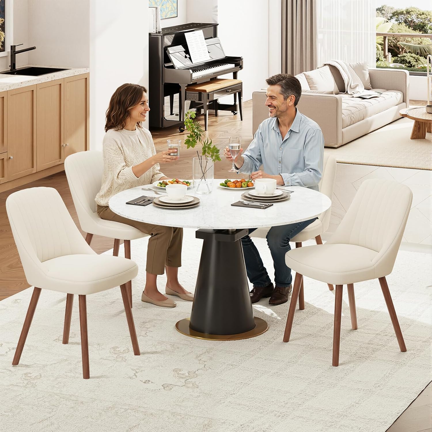 MALOL Upholstered Dining Chairs Set of 4, Modern Fabric Kitchen Chairs with Back, Wood Legs for Kitchen Dining Room Restaurant, Beige