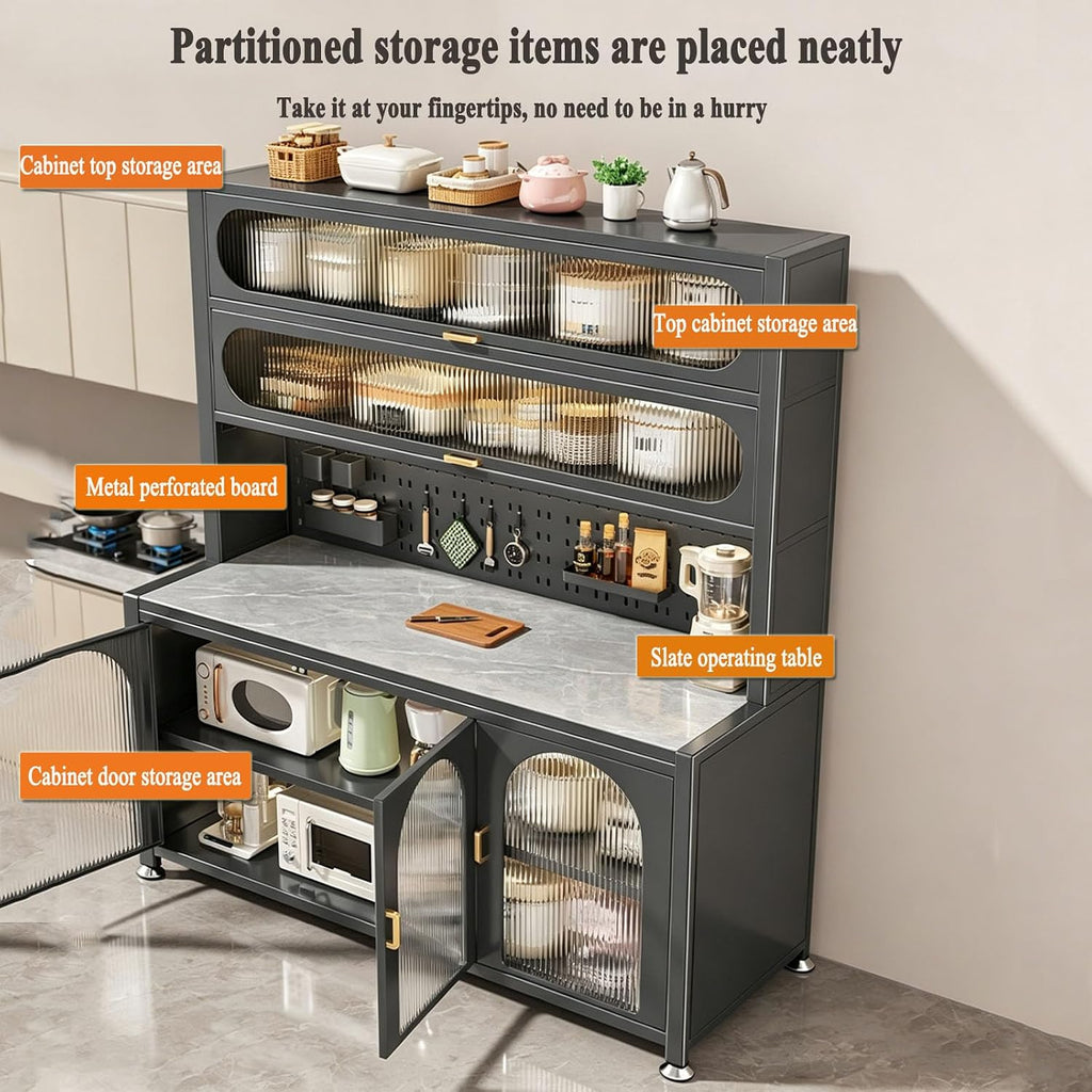 Kitchen Storage Cabinet, Modern Hutches with Countertop, Freestanding Pantry Cabinet Metal Storage Cabinet with Flip-up Doors, for Kitchen Dining Living Room (White, 80X42X194CM)