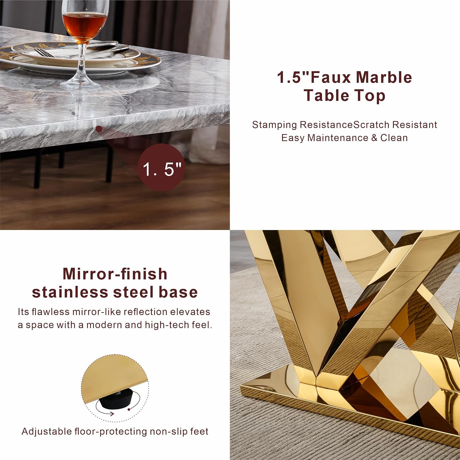 70 Inch Modern Rectangle Dining Table for 6, Faux Marble Top with Mirrored Stainless Steel Base, Large Kitchen Table for Dining Room, Living Room, Office, Conference, (Table Only) (Gold + Grey)