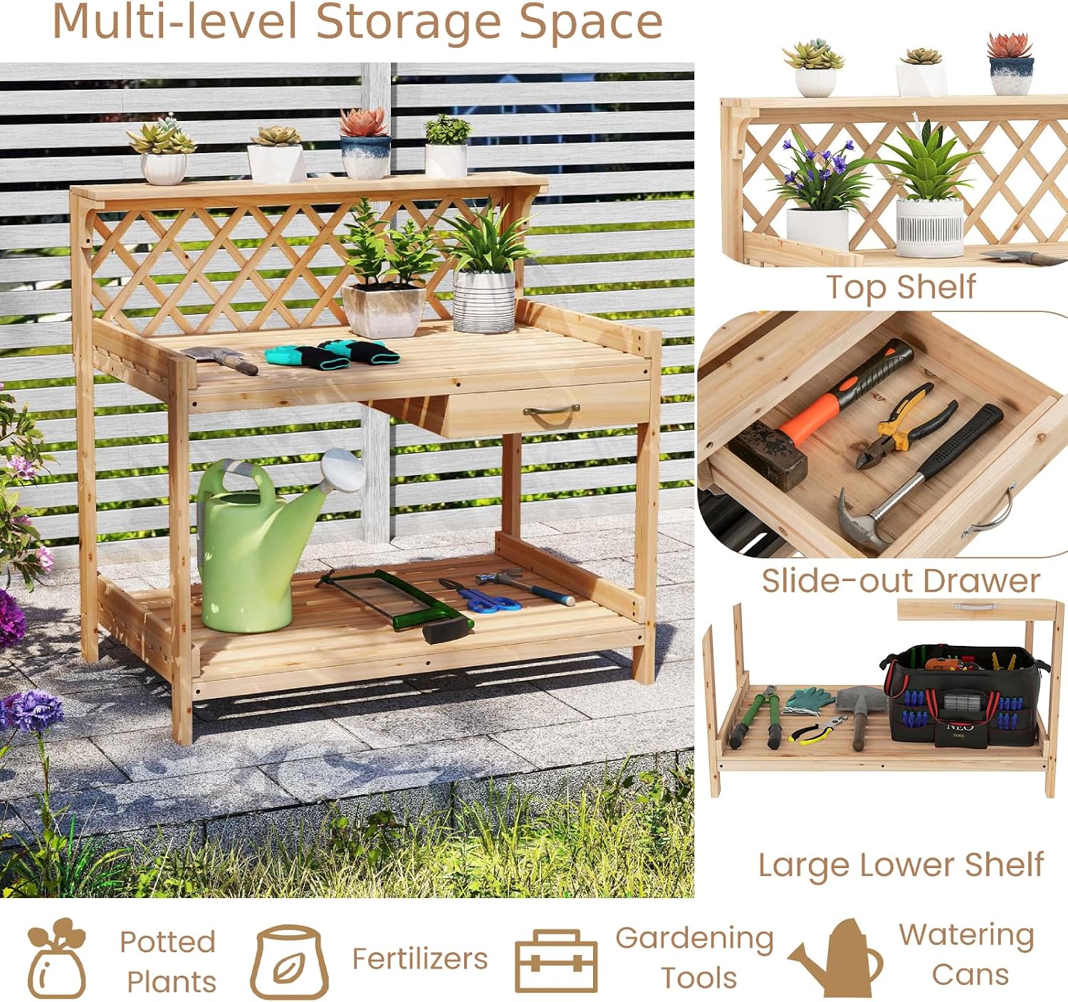 TANGZON Garden Potting Table, Solid Fir Wood Planting Workstation with Versatile trellis, Drawer, Raised Edge, Top & Lower Shelf, Wooden Flower Potting Bench for Backyard Balcony Lawn