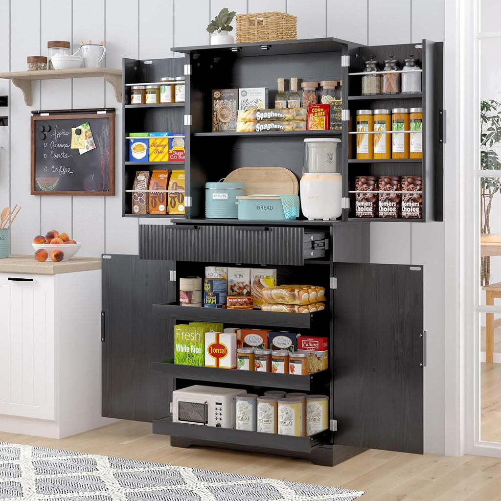 72” Kitchen Pantry Cabinet, Fluted Kitchen Cupboard with Doors and Large Drawer,Tall Storage Cabinet with Adjustable Shelves for Dining Room, Bathroom,Living Room(Black)