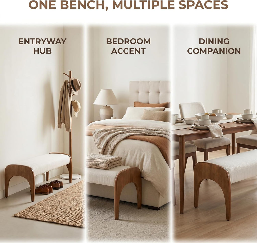 LukeAlon Extra Long Upholstered Bench, 51" Wide Mid-Century Modern Bench with Curved Solid Wood Legs, Comfy Linen Fabric Seat for Bedroom End of Bed, Living Room, Dining Table, Entryway Hallway
