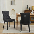 Upholstered Tufted Dining Chairs Set of 2, Fabric Side Dining Room Chairs with Nailhead Back Ring Pull Trim Solid Wood Legs(Black, 2PCS)