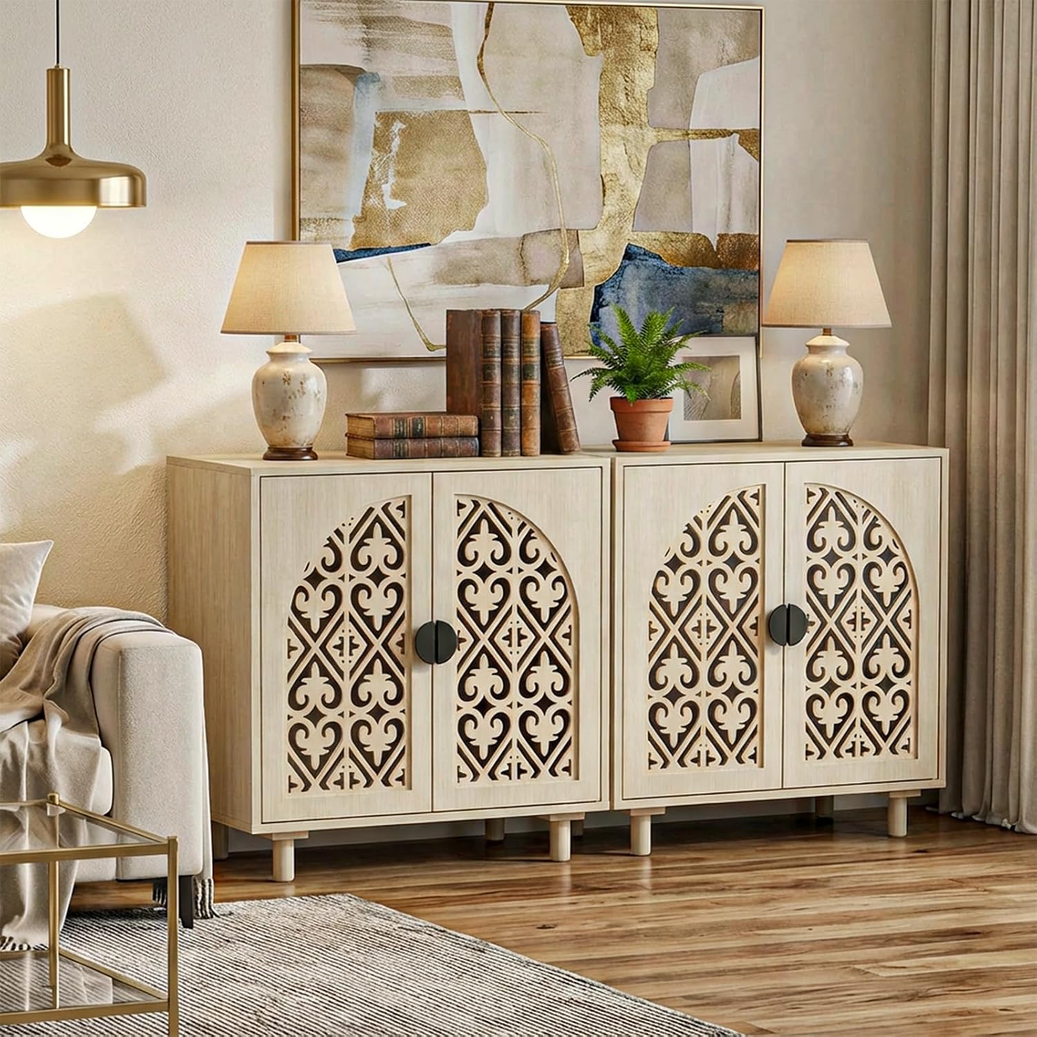 Set of 2 Sideboard Buffet Cabinet, Boho Storage Cabinet with Doors and Shelves, Curved Accent Cabinet with Hollow Door for Living Room, Kitchen, Hallway, Beige