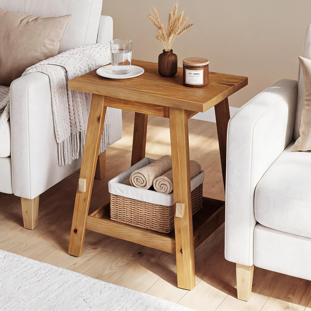 Solid Wood Square Side Table, 2 -Tier Farmhouse End Table, Nightstands with Shelf Storage for Living Room, Bedroom, Office and Small Spaces, Rustic Brown