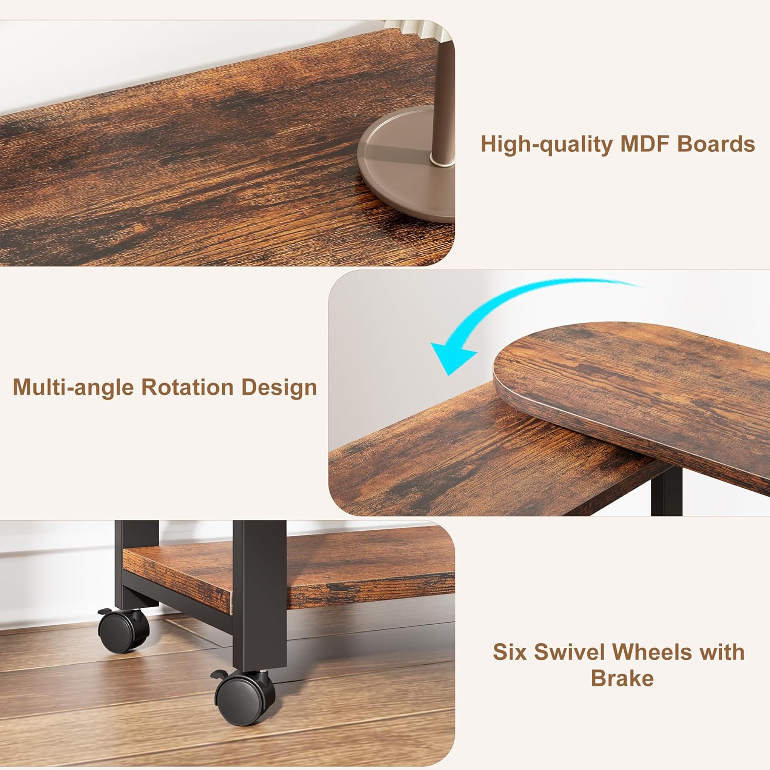 GarveeHome Rotating Side Table 360° End Table with Charging Station Swivel Side Table with Extra Storage Bag Movable End Table with 6 Swivel Wheels with Brakes for Bedroom Living Room