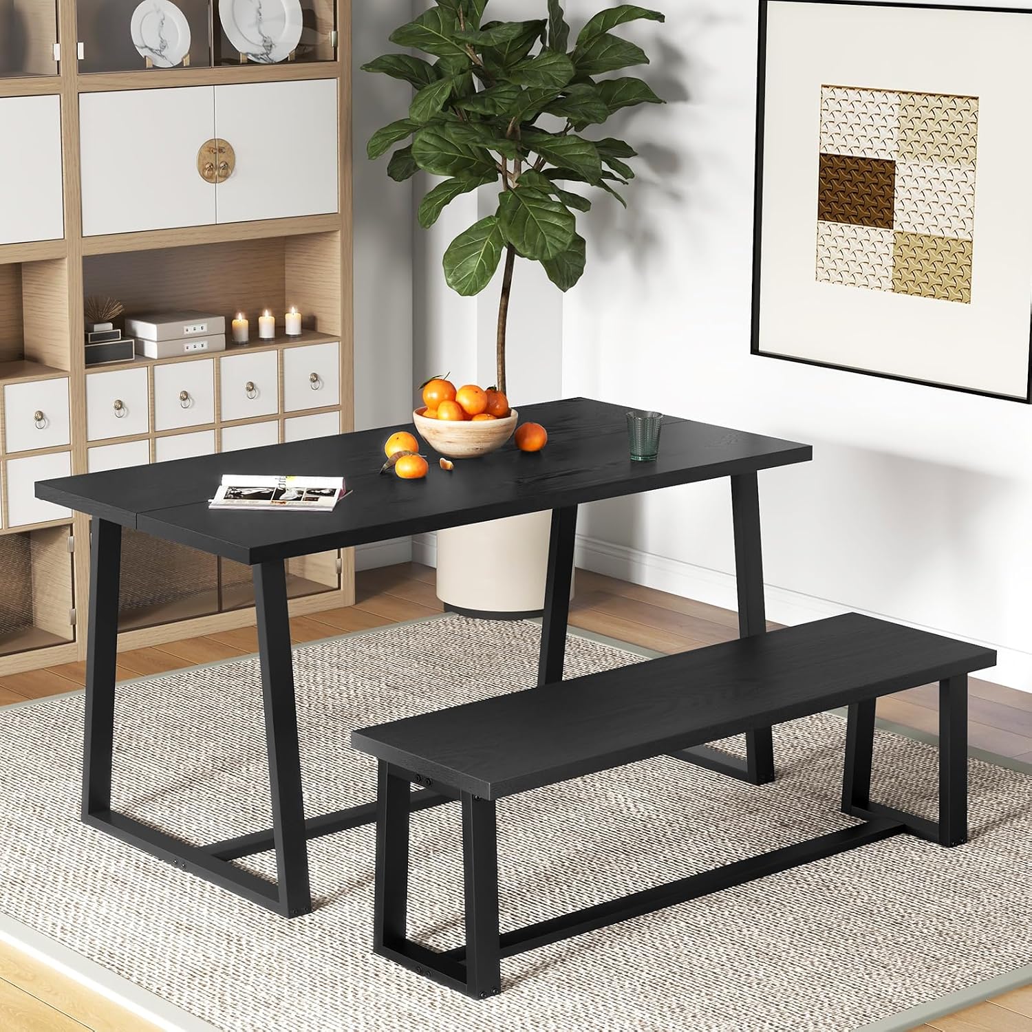 Giantex 56.5" L Wood Dining Bench, Industrial Table Bench w Metal Frame, Adjustable Footpads, 440LBS Load Capacity, Farmhouse Bench for Kitchen, Dining, Living Room, Entryway (Black, Rectangular)