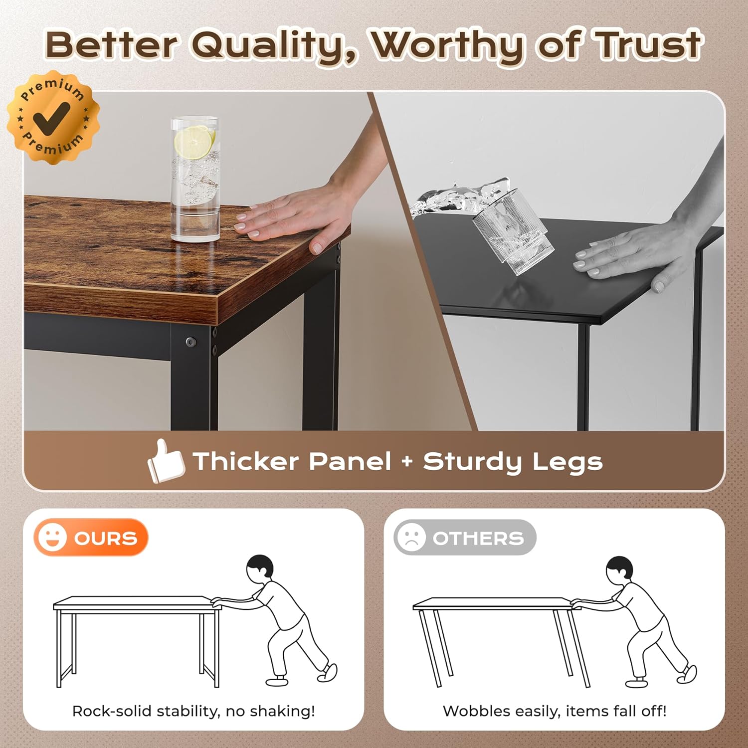 Huuger 55 x 24 inch Desk with Power Outlets & USB-C, Deeper & Thicker Desktop, Robust Metal Tubes, Computer Desk, Heavy Duty Office Desk, Work Gaming Desk for Home Office, Rustic Brown