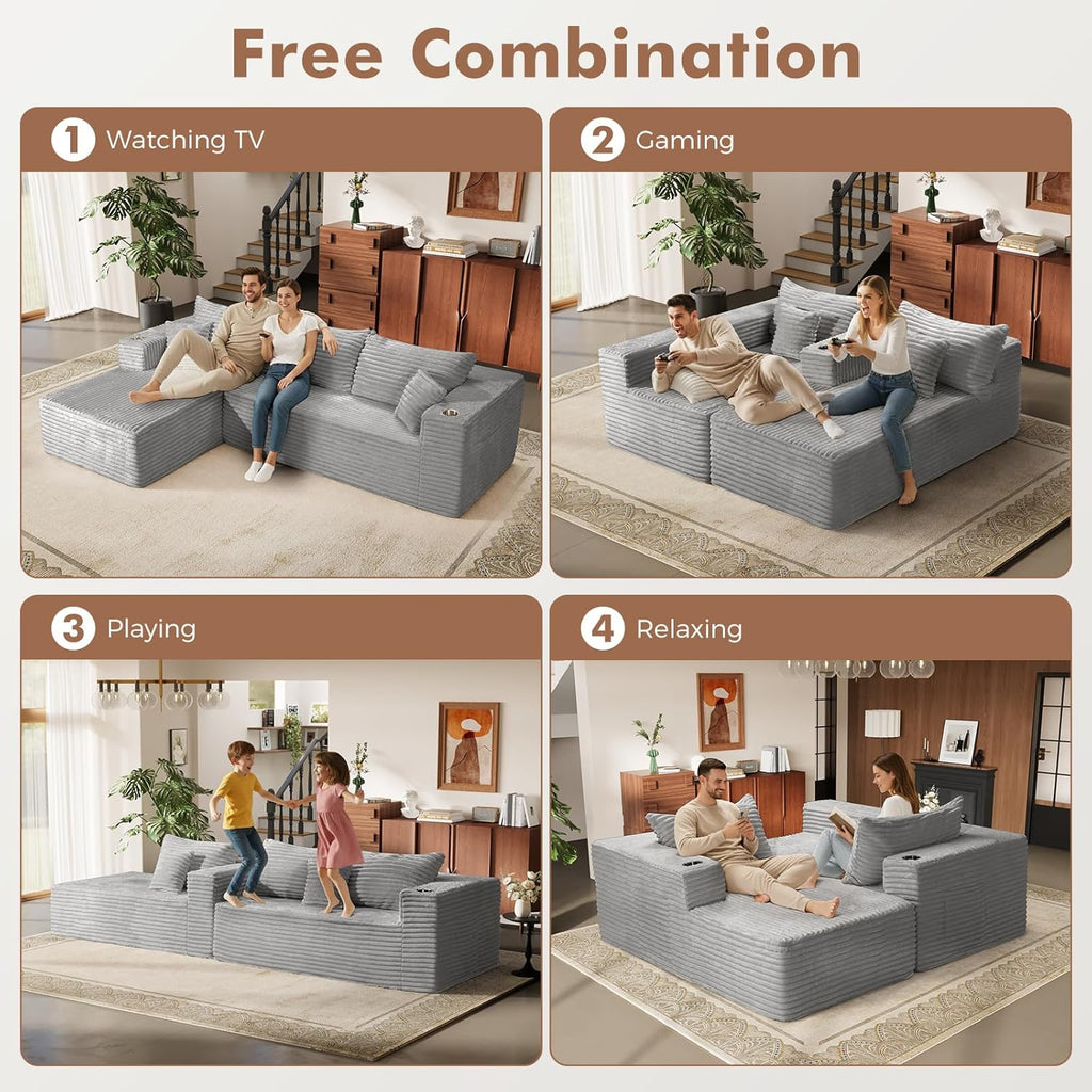 ELUCHANG Oversized 108” Boneless Couch, Comfy Cloud Modular Sectional Sofa, L-Shape Sofa with Chaise, Memory Foam Upholstered Couch for Living Room, Bedroom, No Assembly Required, Corduroy Grey